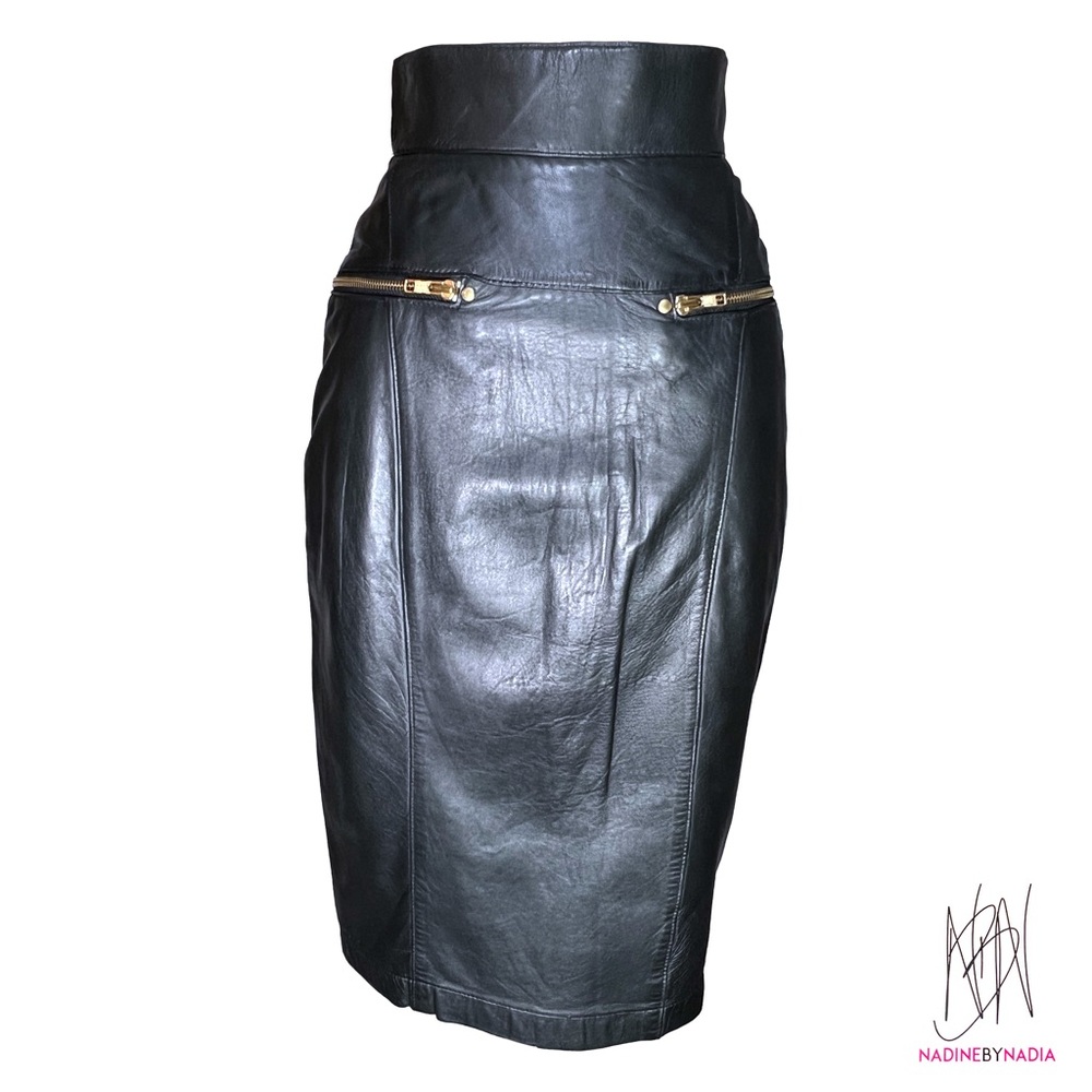Vintage High-Waisted Leather Pencil Skirt with Front and Back Zippers